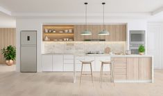 a modern kitchen with white cabinets and wood flooring is pictured in this artist's rendering