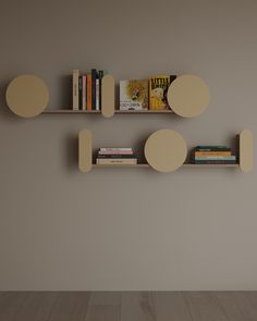 two bookshelves with different shapes and sizes on the wall next to each other