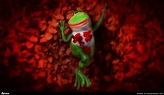 a green frog with red hearts on it's chest