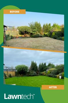 before and after photos of a lawn being mowed