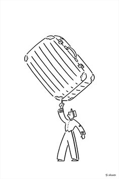 a drawing of a man carrying a piece of luggage on his head with one hand