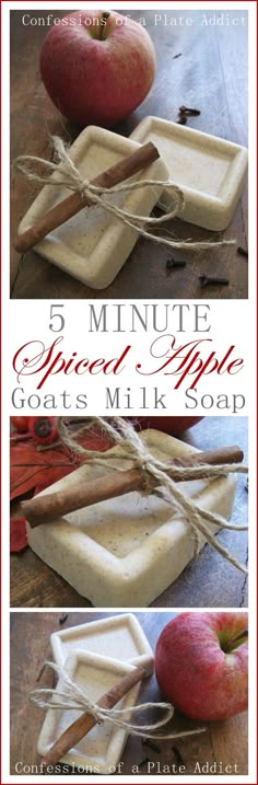 three different pictures of apples and goat milk soap