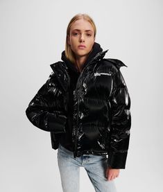 Stay warm in style with this opalescent jacket from KARL LAGERFELD JEANS, featuring a concealed zip front, rib-knit cuffs with thumb holes, and vertical pockets for essential practicality. Down Coat, Puffer Coat, Casual Jacket, Puffer Jacket, Karl Lagerfeld, Stand Collar, Down Jacket, Zip Hoodie, Parka