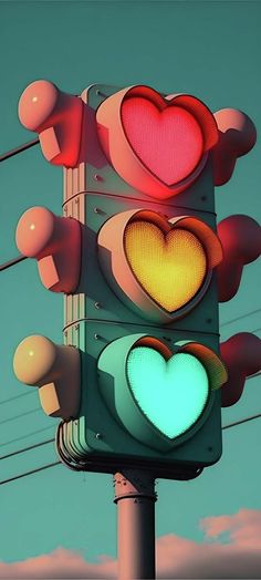 a traffic light with two hearts on it