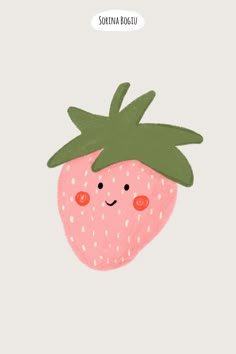 a strawberry with a green leaf on it's head and the words soma bougu above it