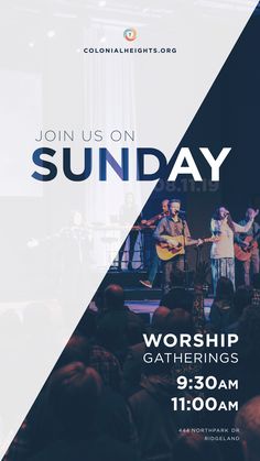 an event poster for worship gatherings with people on stage and the words, join us on sunday