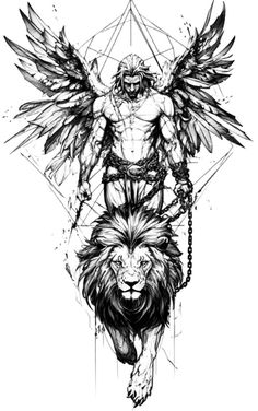 a drawing of a man with wings on his back and a lion in the foreground