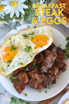 an egg and meat dish on a white plate with parsley sprinkled around it