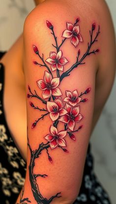 a woman's arm with flowers on it and a tree branch in the middle