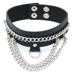 Wide Leather Multi-Chain Choker w/D-Ring #N16015DCC Adjustable Punk Style Chain Choker, Edgy Leather Choker Jewelry, Edgy Adjustable Chain Choker, Edgy Leather Choker, Adjustable Edgy Leather Choker, Punk Leather Jewelry For Concerts, Edgy Leather Jewelry For Concerts, Leather Silver Jewelry For Concert, Alt Choker