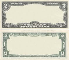 two twenty dollar bills with the same design on each side and one in green, white and