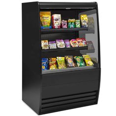 a refrigerated display case with food items on the bottom and side shelves