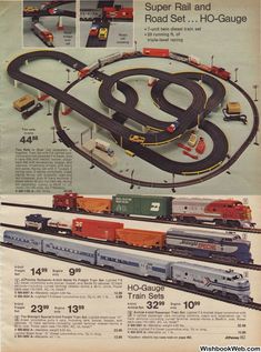 an advertisement for a toy train set with multiple tracks