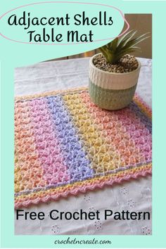 a potted plant sitting on top of a table next to a crochet place mat