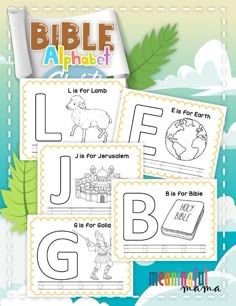 the bible alphabet worksheet is shown with pictures of animals, letters and numbers