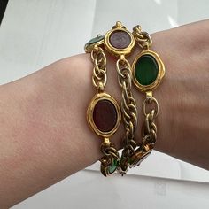 Rare 3-Strand Vintage Chanel Bracelet With Red And Green Gripoix Beads Some Tarnish To The Gold Due To Age Signed Chanel Made In France Vintage Chanel Jewelry, Chanel Bracelet, Chanel Vintage, Chanel Jewelry, Jewelry Lookbook, Vintage Chanel, Jewelry Vintage, Womens Jewelry Bracelets, Made In France