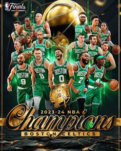 the boston bucks basketball team is posing for a photo in front of a golden trophy