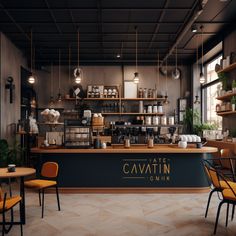 the inside of a restaurant with yellow chairs and shelves filled with coffee beans, pastries and other items