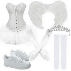 a white corset, shoes and headpieces are arranged on a white background