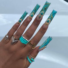 instagram: @adoreaxo Nails Price List, Turquoise Acrylic Nails, Teal Acrylic Nails, Turquoise Nail Designs, Acrylic Nail Designs Coffin, Gold Acrylic Nails, Aqua Nails, Turquoise Nails, Long Acrylic Nail Designs