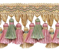 a line of tasselled curtains with fringes on the top and bottom, all in different colors