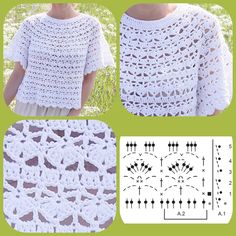 the crocheted top is made with white yarn and has three different patterns on it