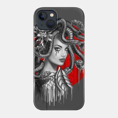 a phone case with an image of a woman and two snakes on the back,