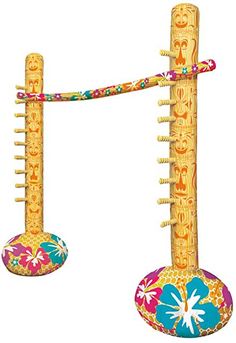 two poles made out of wood and decorated with colorful designs, each pole has a different design on it