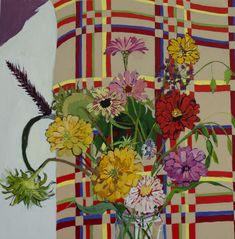 a painting of flowers in a vase on a plaid tablecloth with purple, red, yellow and green colors