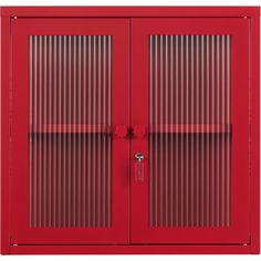 a red cabinet with two glass doors