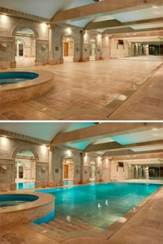 an indoor swimming pool in the middle of a building