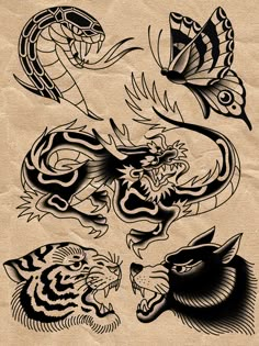 an old school tattoo design with different animals on it's side and the words, dragon