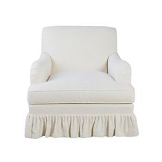 a white chair with a ruffled skirt on the bottom and back end, sitting in front of a white background