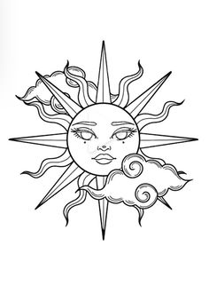 a drawing of the sun with clouds and stars on it's face in black and white