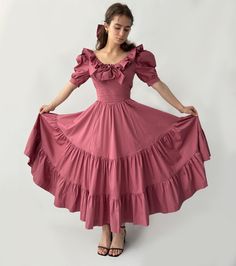 Mind blowing vintage inspired dress.  Condition: new, very limited edition, my production Size: S-M  HalfBust under armpits is 45.5cm (17.91in) HalfWaist is 35cm (13.77in) The cloth stretches a bit, sash helps to adjust the dress to your figure. Material:  97% cotton, 3% elastan Contact me if you need any additional information. Fitted Cotton Midi Dress With Ruffles, Fitted Prairie Dress With Ruffles And Short Sleeves, Elegant Cotton Maxi Dress With Ruffles, Fitted Cotton Ruffle Dress With Short Sleeves, Elegant Short Sleeve Prairie Dress With Ruffles, Elegant Fitted Peasant Dress With Ruffles, Fitted Cotton Dress With Ruffled Skirt, Cotton Dresses With Ruffled Skirt And Short Sleeves, Cotton Dress With Ruffles And Fitted Bodice