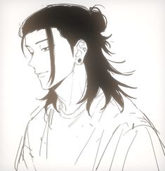 a drawing of a man with long hair and piercings on his ears, looking to the side