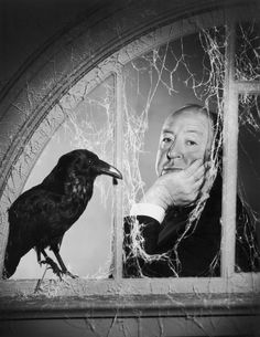 a black bird sitting on top of a window sill next to a man's face