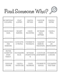 a printable game with words that say, find someone who?