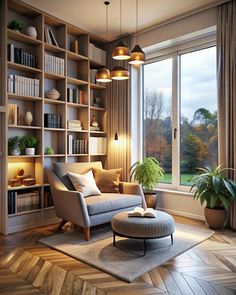 a living room filled with lots of furniture and bookshelves next to a window