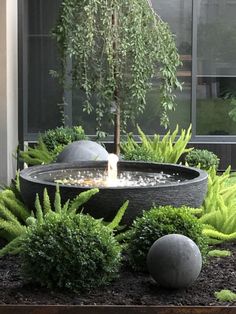 an outdoor fountain surrounded by plants and rocks