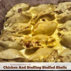 chicken and stuffing stuffed shells in a baking dish with text overlay that reads, chicken and stuffing stuffed shells