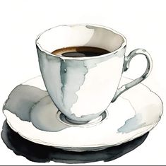 a painting of a cup and saucer with watercolor stains on the side, in front of a white background