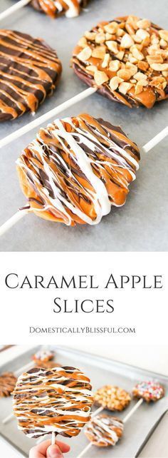 caramel apple slices on a baking sheet with chocolate drizzle and almonds