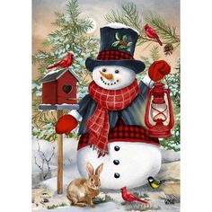 a painting of a snowman with a rabbit and birdhouse