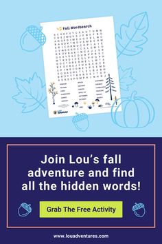 Celebrate the season and boost your child's reading skills with this fun, free printable fall word search from Lou Adventures! Perfect for kids, this engaging fall printable activity combines learning and play as they search for fall-themed words, building their vocabulary and spelling skills. Whether at home or in the classroom, this fall printable word search is an exciting way to enjoy the autumn spirit while keeping young minds sharp. Click the link to download your free copy today! Fall Word Search For Kids, Fall Word Search, At Home Activities, Word Search For Kids, Autumn Spirit, Fall Words