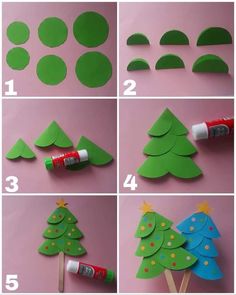 the steps to make christmas trees out of construction paper