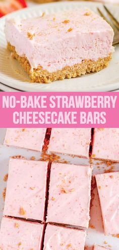 no - bake strawberry cheesecake bars on a white plate with pink frosting