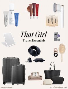 an advertisement for travel essentials with the words that girl