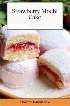 strawberry mochi cake is cut in half on a plate with the words, easy and delicious