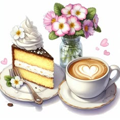 a piece of cake on a plate next to a cup of cappuccino